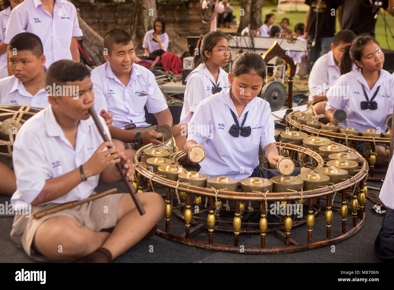 Traditionelle thailändische Musik an der Phimai Festival am Phimai Tempel von Phimai in der Provinz Nakhon Ratchasima in Isaan in Thailand. Thailand Phimai, Stockfoto