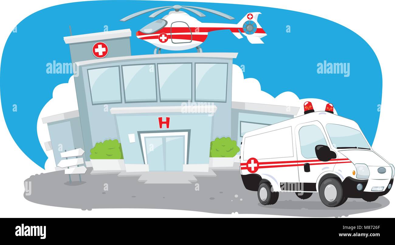 Krankenhaus Gebäude mit dem Hubschrauber auf dem Dach und ein Krankenwagen eilte Stock Vektor