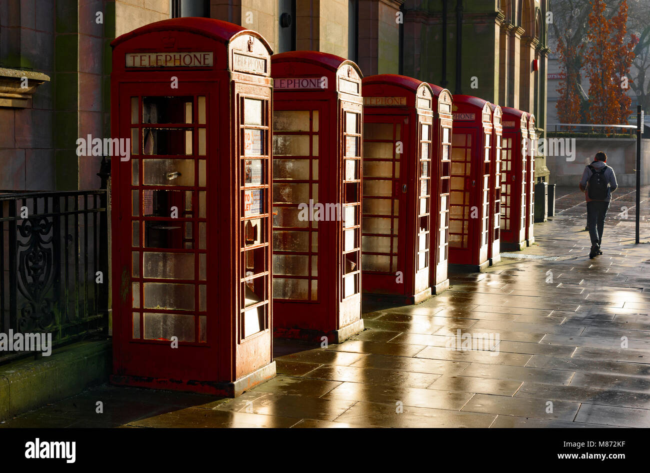 Junger Mann vorbei gehen acht roten Telefonzellen, am frühen Morgen, Preston, Lancashire, Großbritannien. Stockfoto