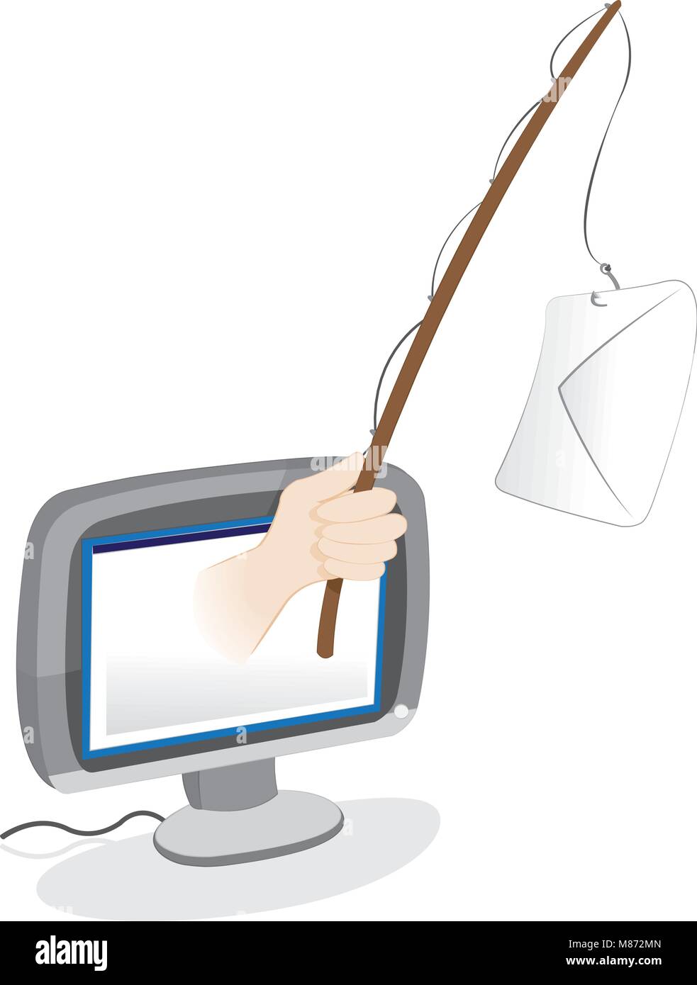 Ein Vektor Cartoon, der eine menschliche Hand, die Knallen von einem PC-Monitor und das Halten eines Holz- phishing Stange mit einem geschlossenen Buchstaben hängen als ein Köder. Spa Stock Vektor
