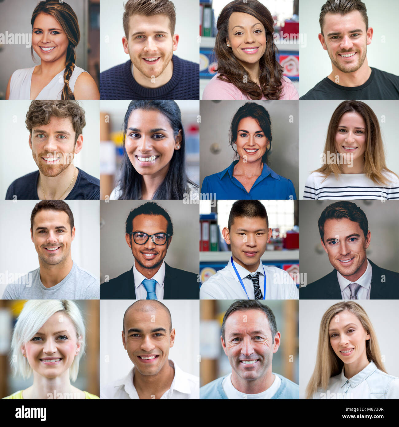 Collage von sechzehn Kopfschüsse von Erwachsenen gemacht. Sie sind eine Mischung der Geschlechter, Altersgruppen und Ethnien. Stockfoto