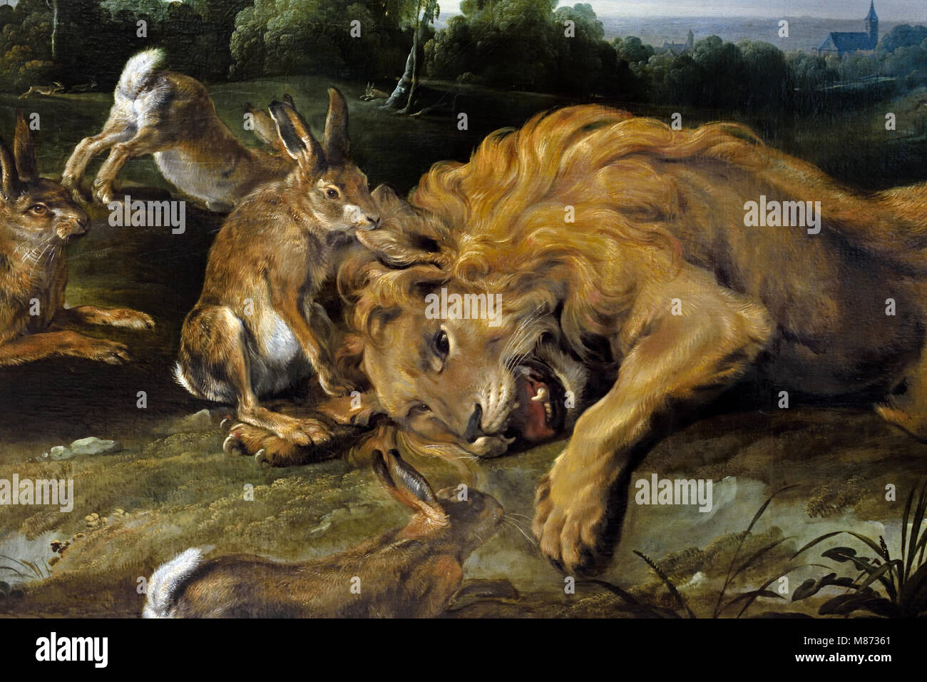 Den toten Löwen - Der Löwe werden alt und Frans Snyders (Antwerpen, 1579 - Antwerpen, 1657) Jan WILDENS (Antwerpen, 1584 - Antwerpen, 1653), der belgischen, der Belgien, Flämische, Stockfoto