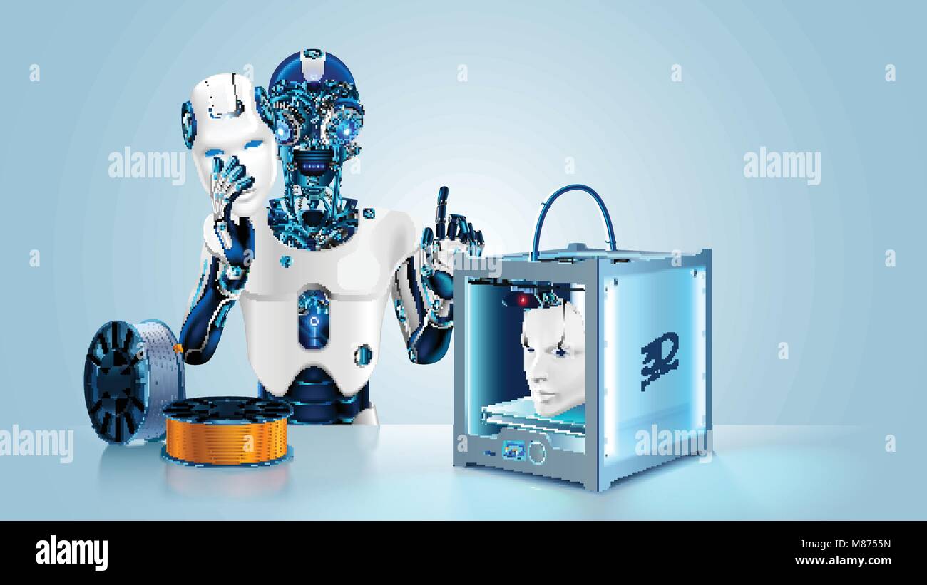Anthropoide Roboter gedruckte Maske auf 3D-Drucker. Cyborg mit künstlicher Intelligenz metall Kopf und Gehirn unter Maske verstecken. 3D-Drucktechnologie Hilfe rob Stock Vektor