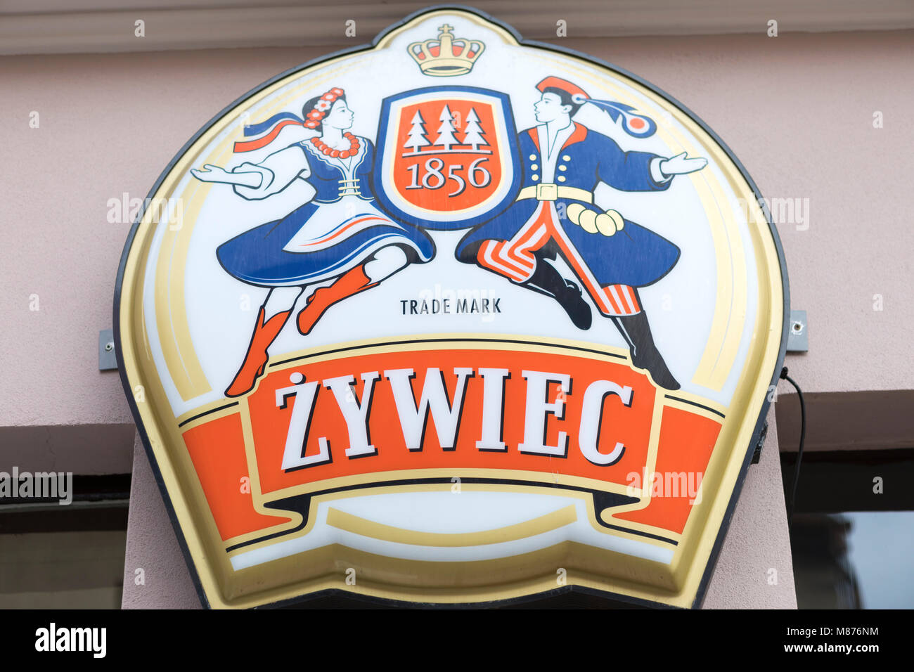 Polen, Malbork, Beschilderung für polnische Bier. Stockfoto