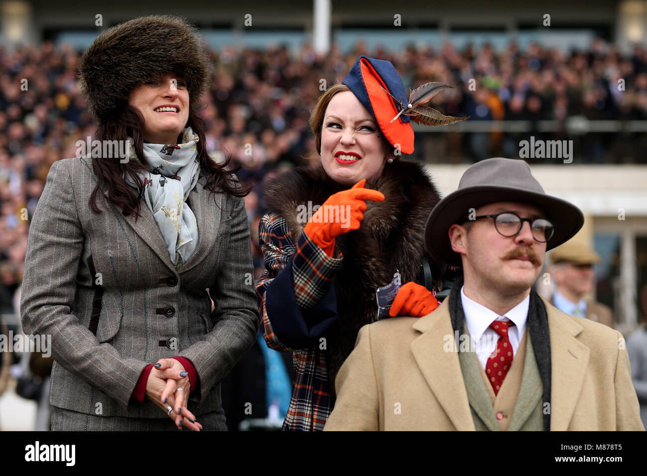 Allgemeine Ansicht der Zuschauer, die das Rennen während des Ladies Day des Cheltenham Festivals 2018 auf der Pferderennbahn Cheltenham beobachten. DRÜCKEN SIE VERBANDSFOTO. Bilddatum: Mittwoch, 14. März 2018. Siehe PA Story RACING Cheltenham. Bildnachweis sollte lauten: Steven Paston/PA Wire. Stockfoto