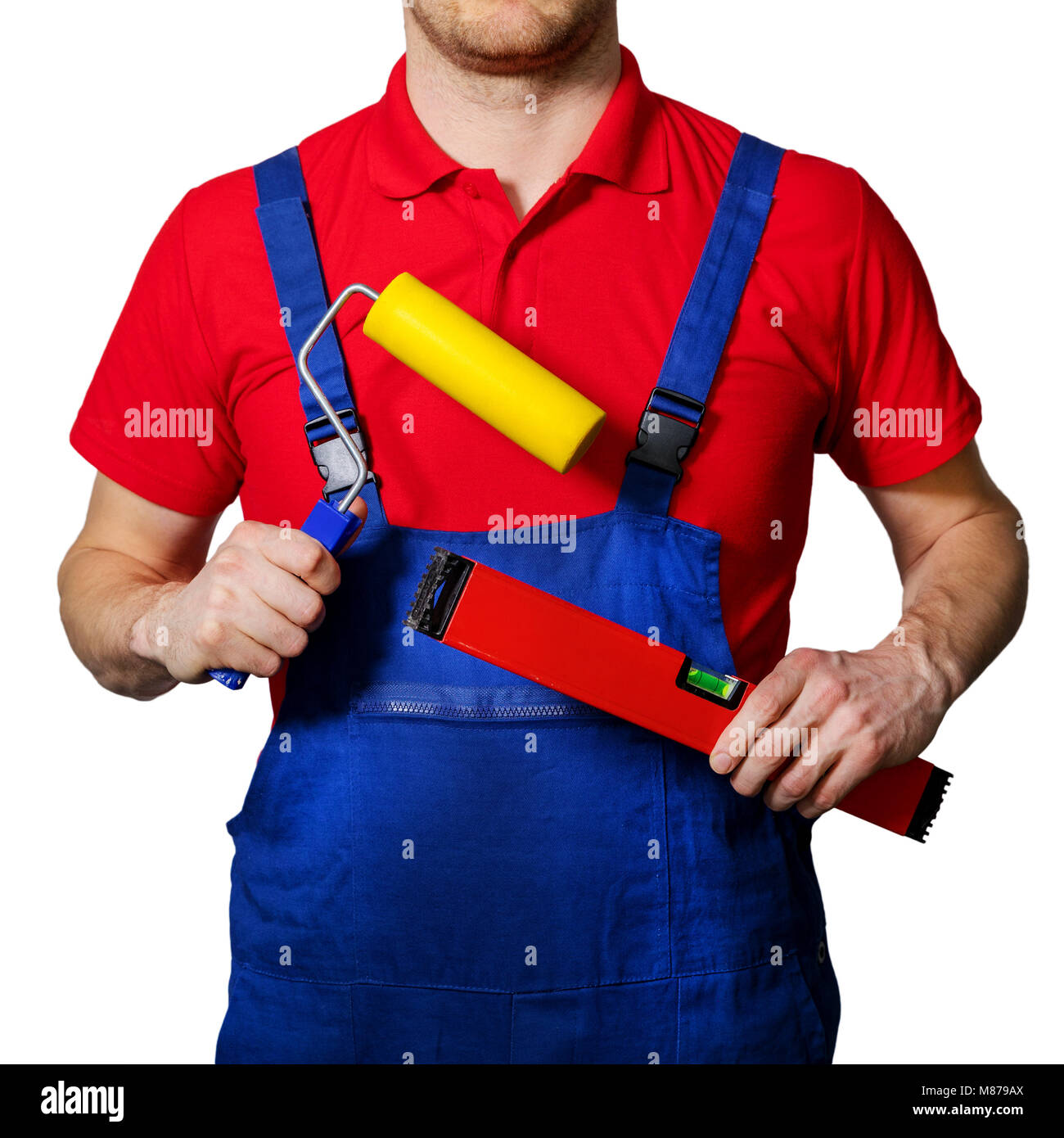 Professionelle Bauarbeiter mit Werkzeugen in den Händen. auf weißem Hintergrund Stockfoto