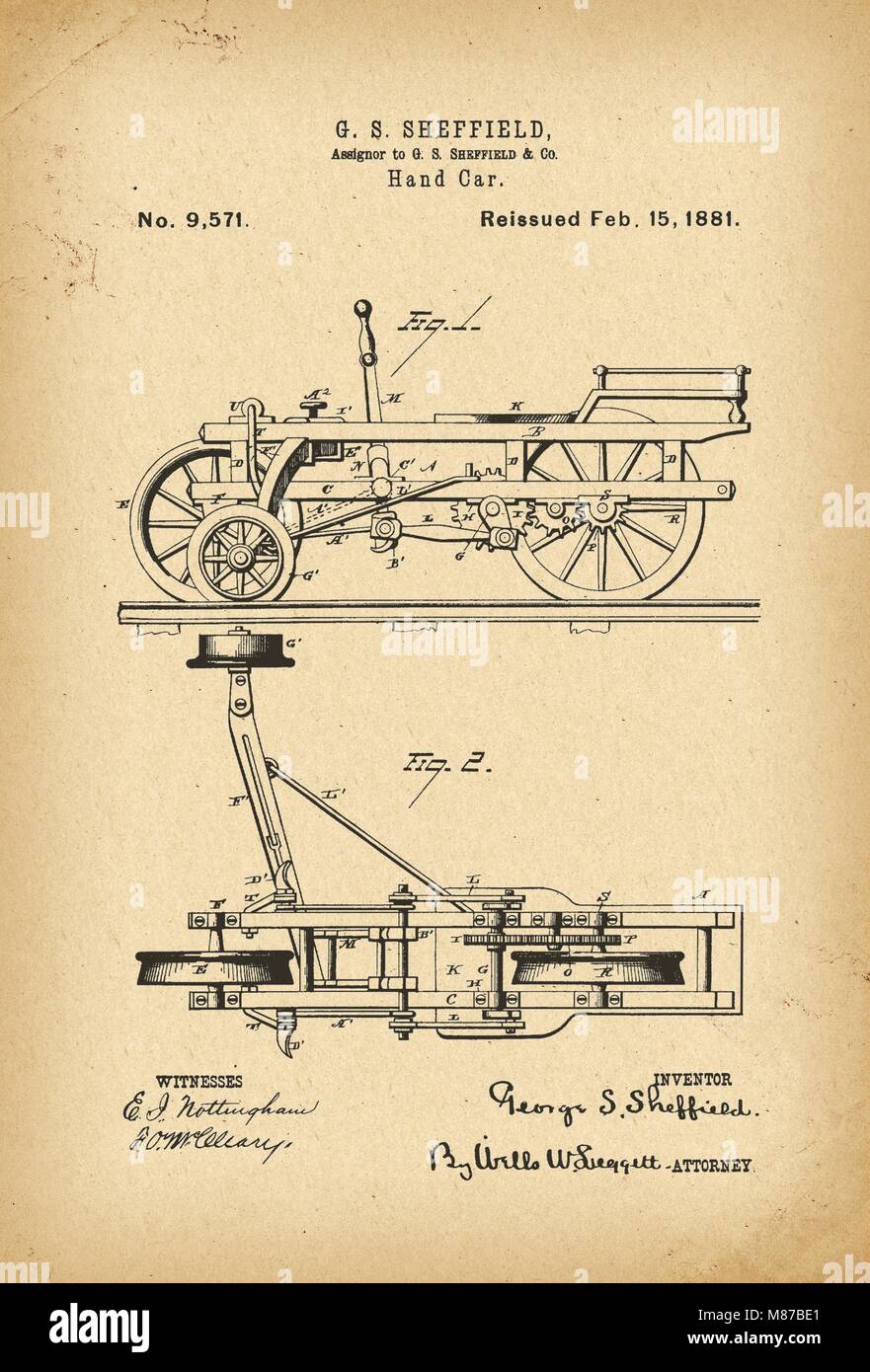 Patent hand Auto bahn Trolley Geschichte 1881 Erfindung Stockfoto