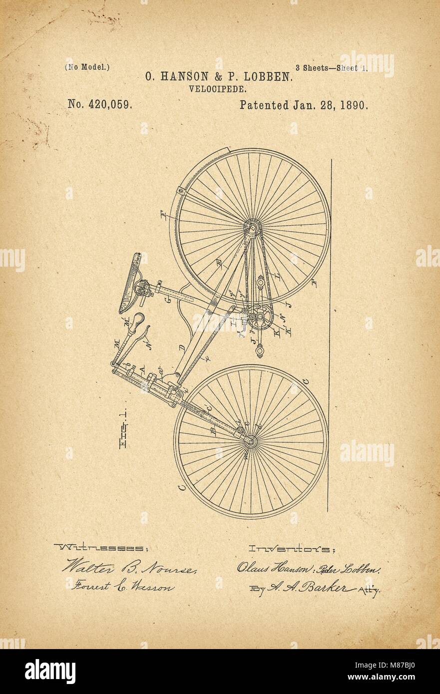 1890 Patent Velocipede Fahrrad Geschichte Erfindung Stockfoto