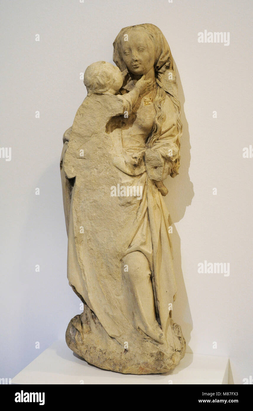 Jungfrau Maria und Kind. Aus Niederbachem, in der Nähe von Bonn. Rheinland, C. 1490. Sandstein. Schnütgen Museum. Köln, Deutschland. Stockfoto