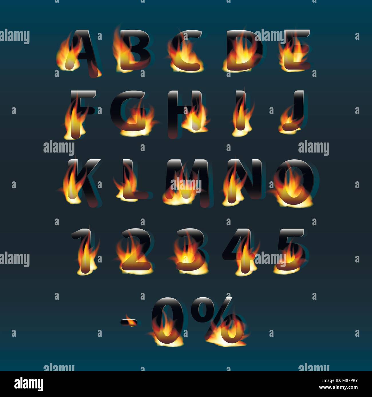 Heiße Buchstaben und Zahlen auf Feuer. Alphabet. Feuer vector Font. Teil 1 Stock Vektor