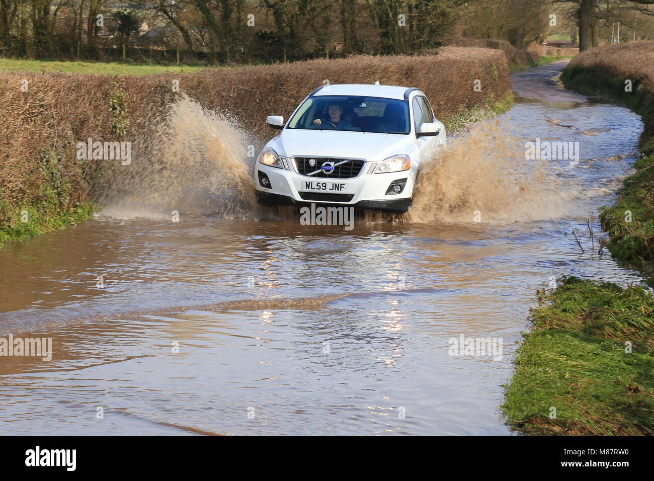 Auto durch überflutete Straße fahren in der Nähe des Flusses Axe in East Devon Stockfoto