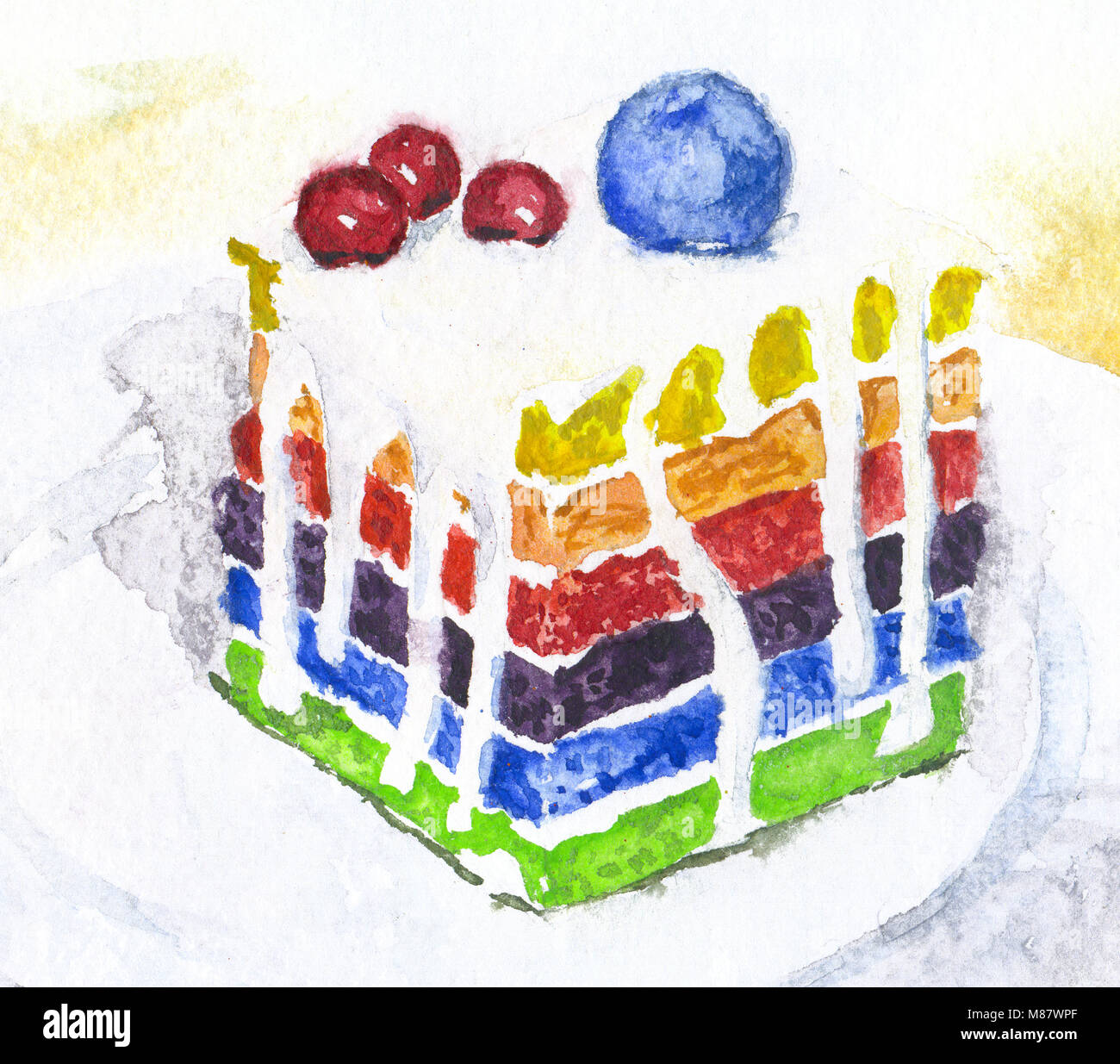 Hand gezeichnet Kuchen mit Beeren, Aquarell. bunten Regenbogen Illustration für Food Design. Stockfoto