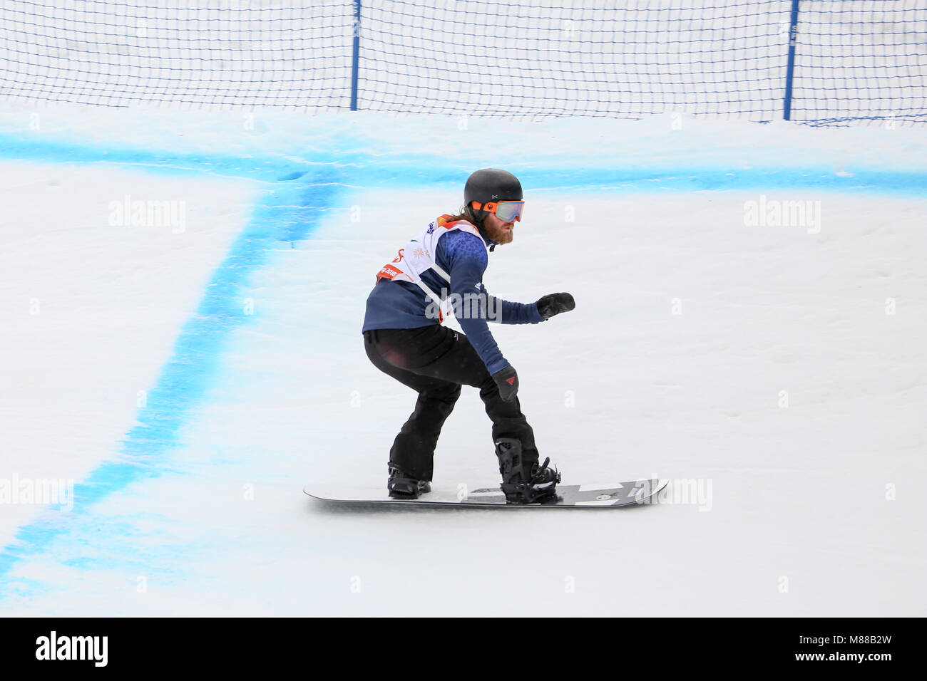 PyeongChang, Südkorea. 16. März, 2018. Para Snowboard. Mannschaft GB-Pick Owen Credit: Marco Ciccolella/Alamy leben Nachrichten Stockfoto