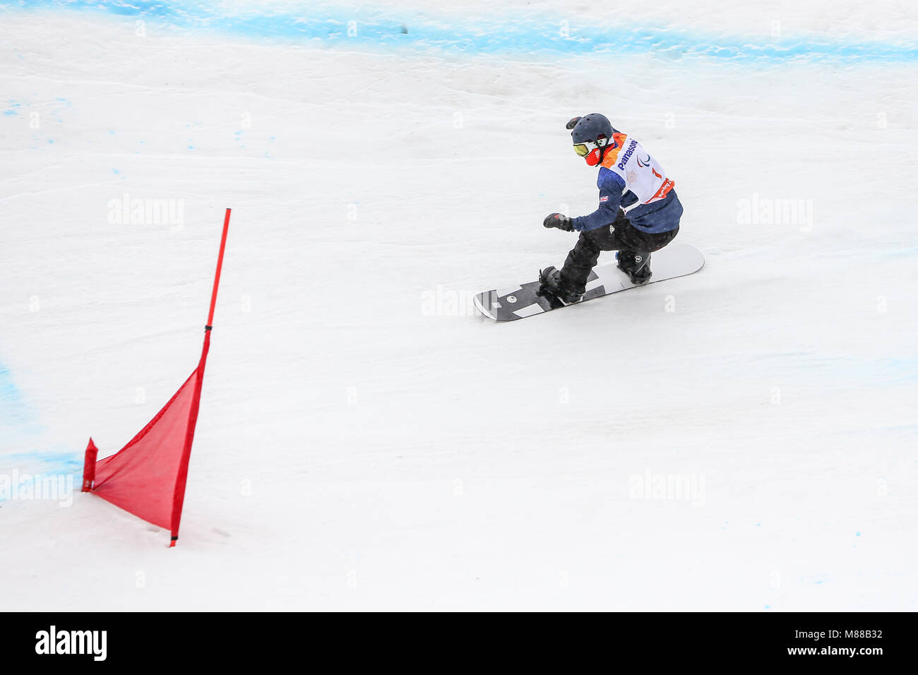 PyeongChang, Südkorea. 16. März, 2018. Para Snowboard. Mannschaft GB-Barnes-Miller James Credit: Marco Ciccolella/Alamy leben Nachrichten Stockfoto