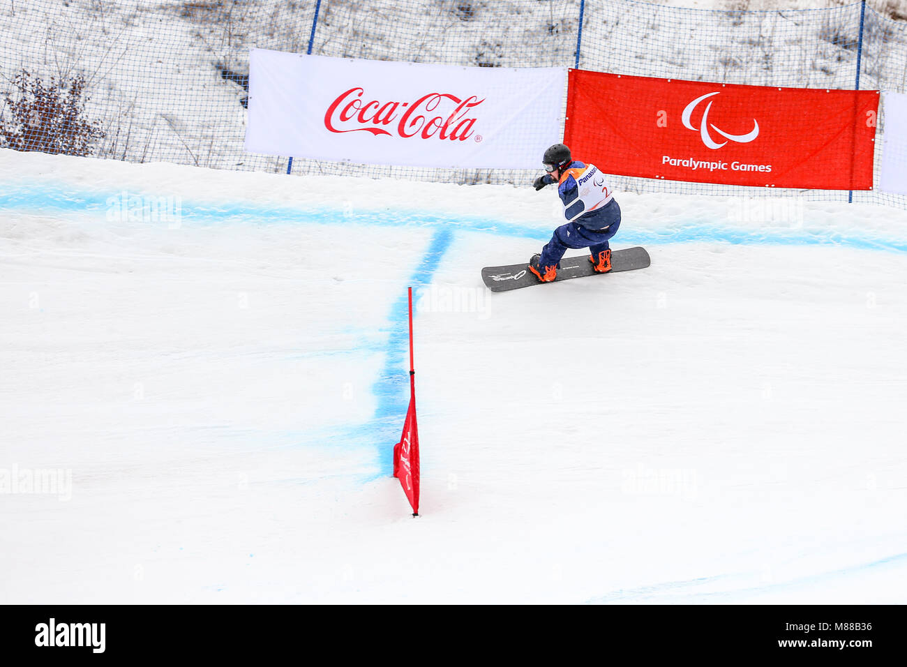 PyeongChang, Südkorea. 16. März, 2018. Para Snowboard. Mannschaft GB-Moore Ben Credit: Marco Ciccolella/Alamy leben Nachrichten Stockfoto