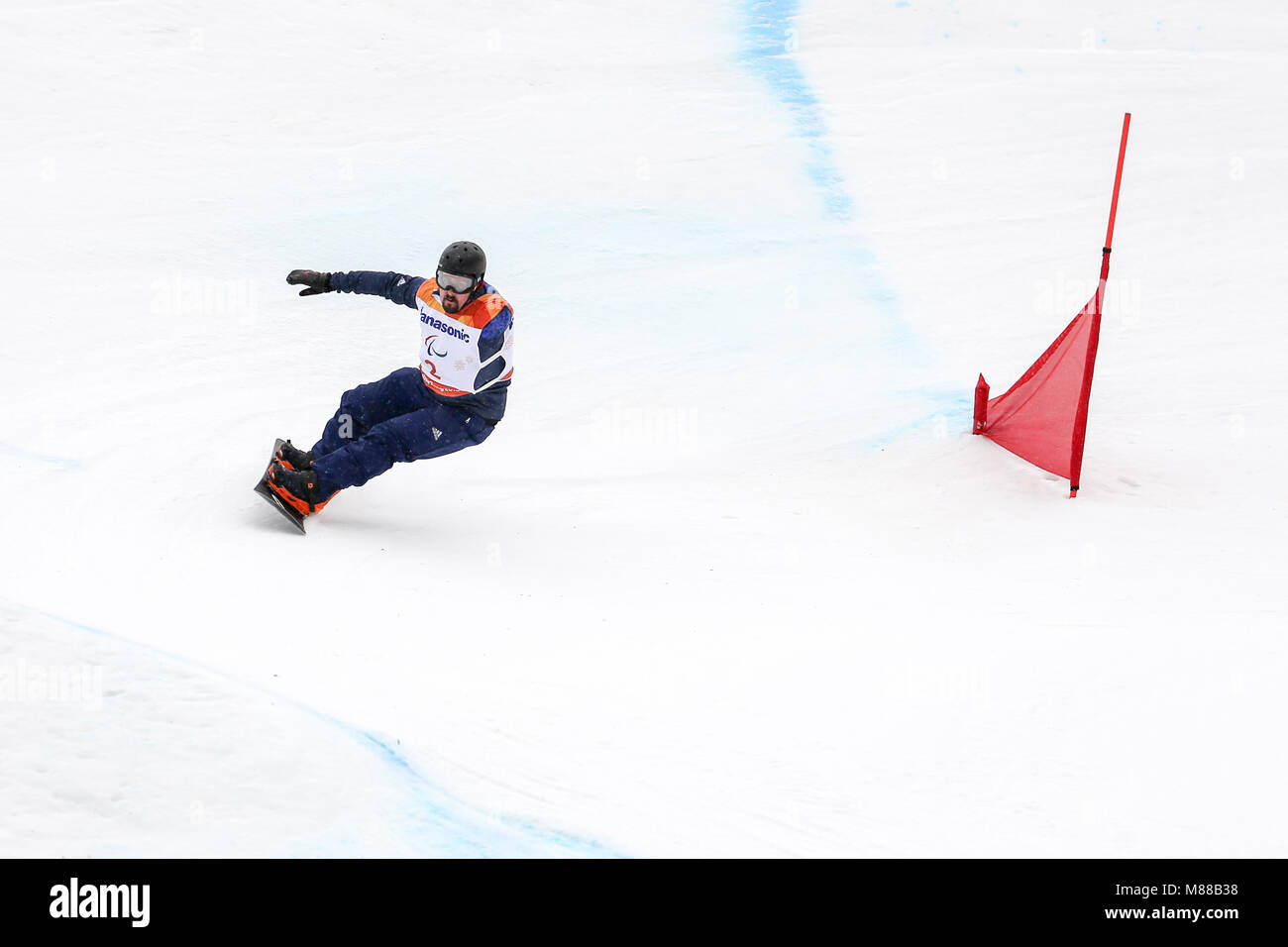 PyeongChang, Südkorea. 16. März, 2018. Para Snowboard. Mannschaft GB-Moore Ben Credit: Marco Ciccolella/Alamy leben Nachrichten Stockfoto