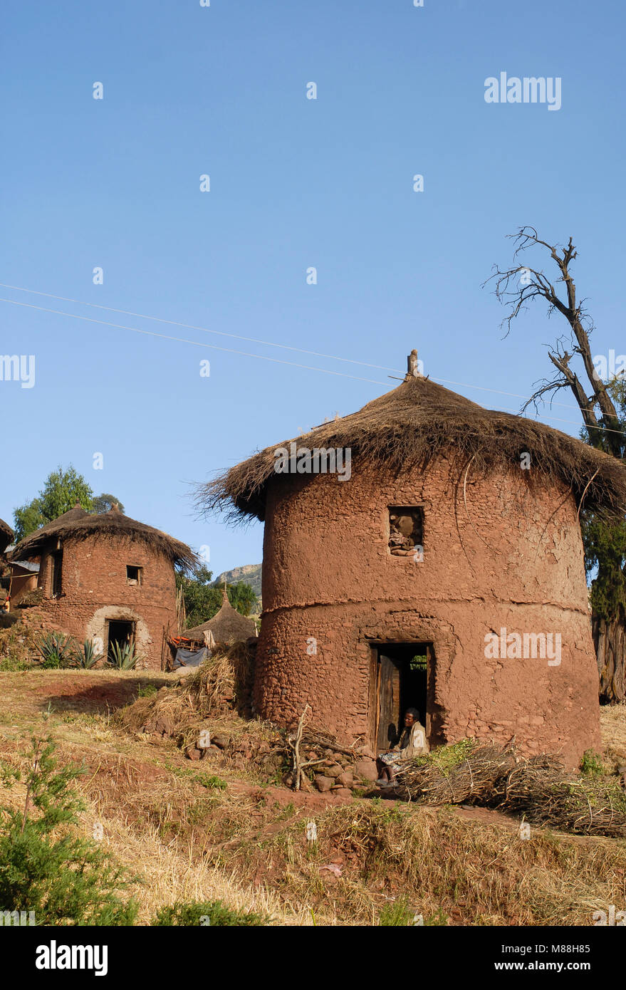 Äthiopien Lalibela, traditionellen runden Stein und Lehm Hütte/AETHIOPIEN Lalibela, runde Stein und Lehm Huette Stockfoto