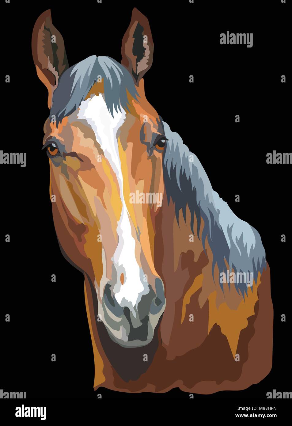 Farbige Porträt der Trakehner. Pferd Kopf isoliert Vector Illustration auf schwarzem Hintergrund Stock Vektor
