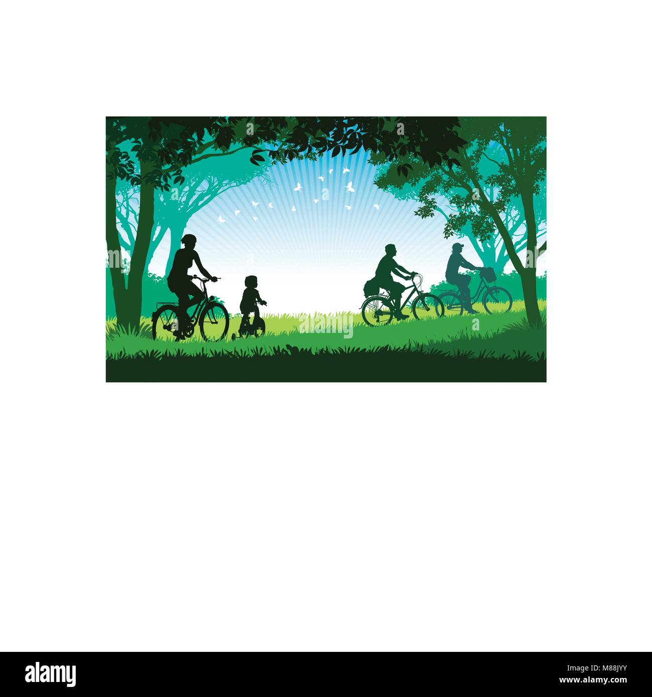Abbildung: eine glückliche Familie, Radfahren auf einer Sommerreise im Park. Stock Vektor