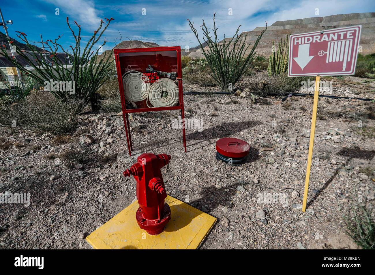 Brandschutzeinrichtungen, Feuerlöscher, Schläuche und Wasser Buchten. Treffpunkt und Sicherheitsbeschilderung im Bergbau. Handschuhe, Helm und Weste. Stockfoto