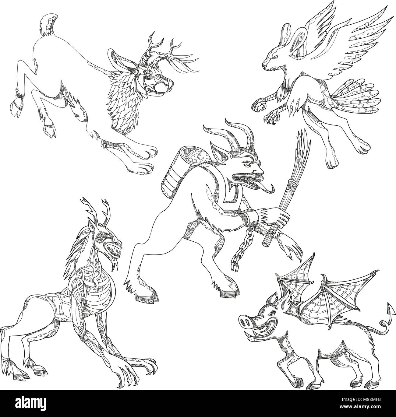 Eine Sammlung von Doodle kunst Illustrationen, umfasst die folgenden Fabelwesen aus Legende Folklore; Jackalope, krampus, skraver, wendigo. Stock Vektor