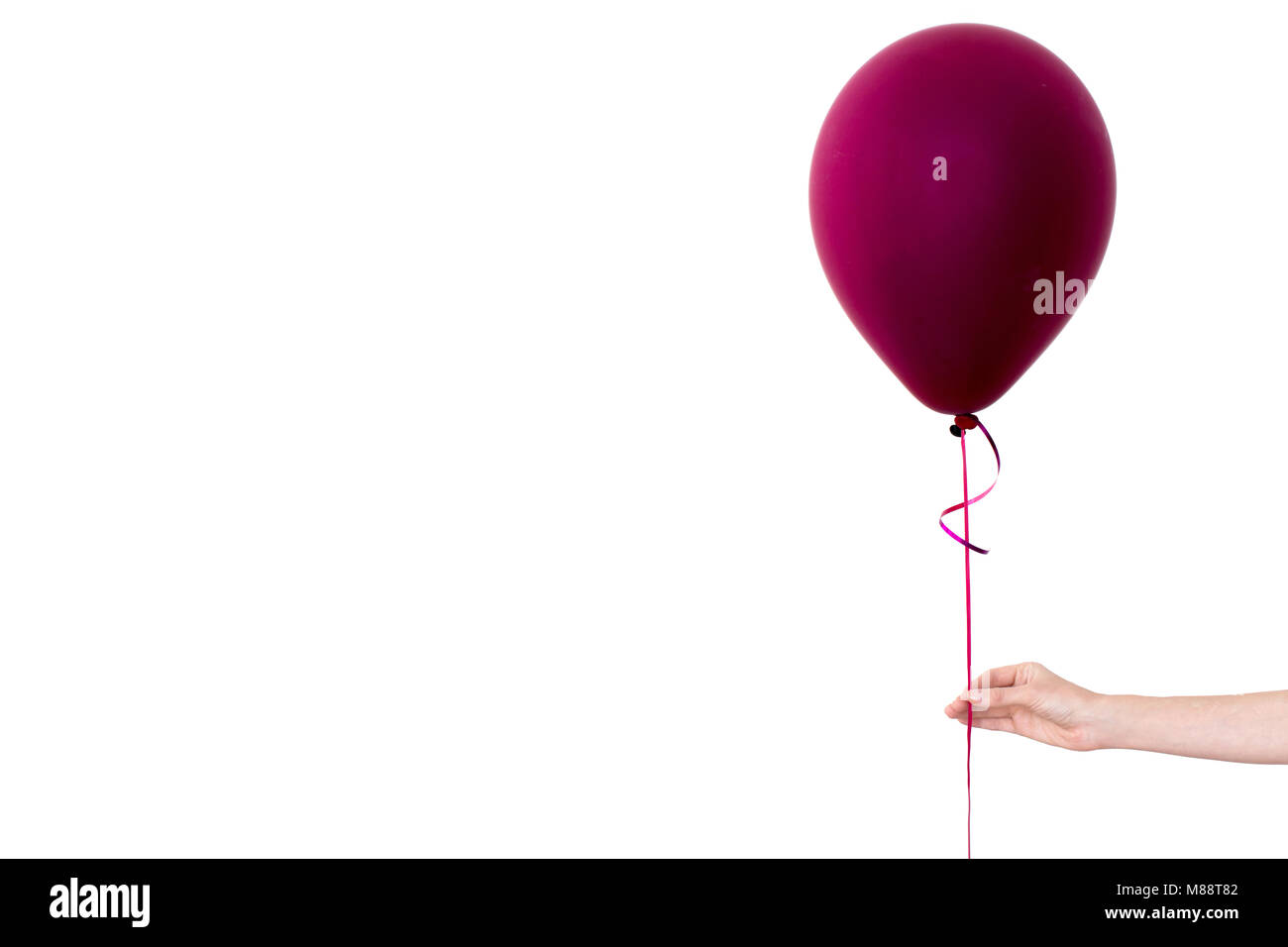 Womans Hand hält lila Luftballon weißer Hintergrund Stockfoto