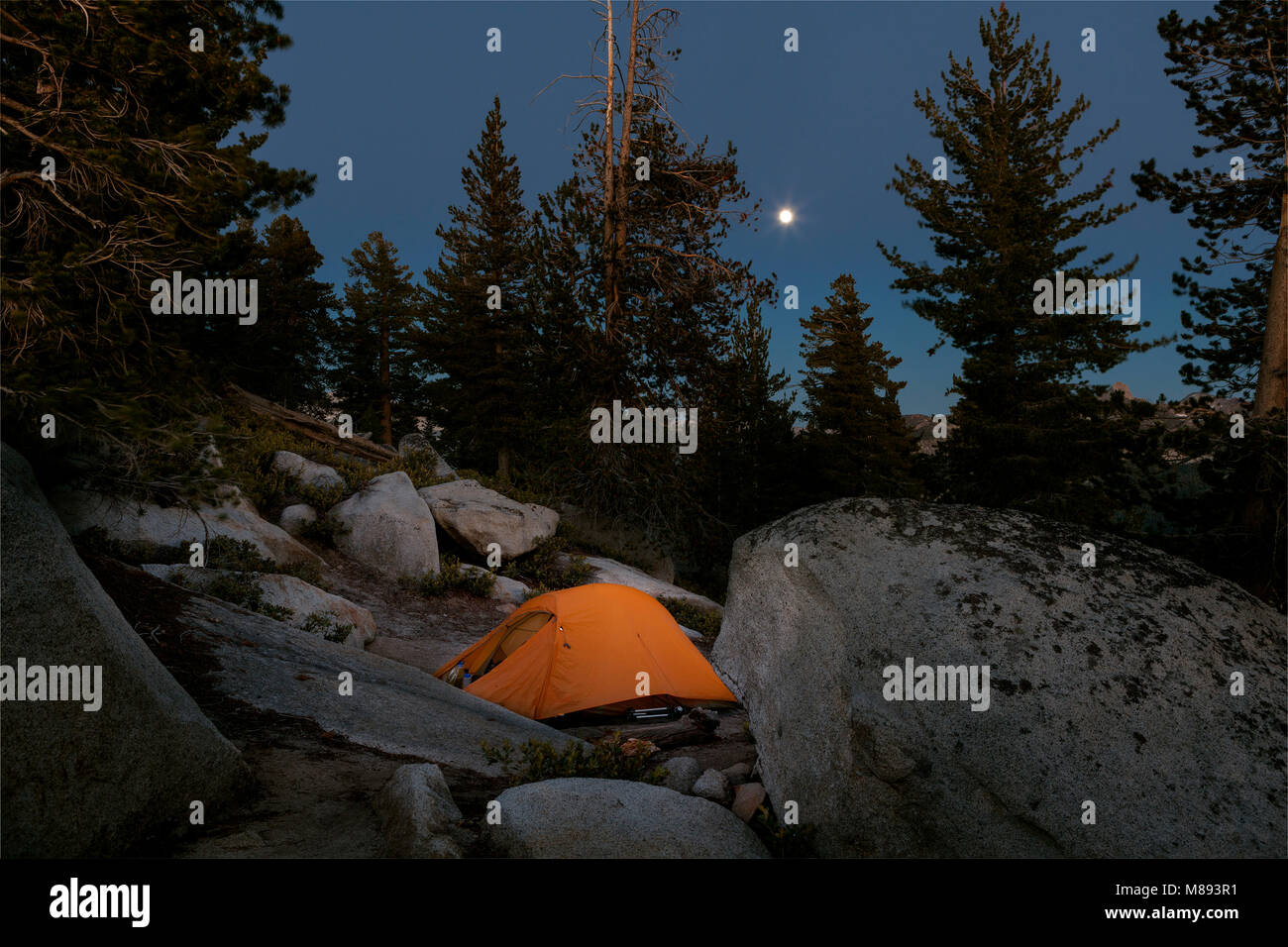 CA 02873-00 ... Kalifornien - Mondaufgang über Campingplatz unter Wolken Rest in Yosemite National Park. Stockfoto