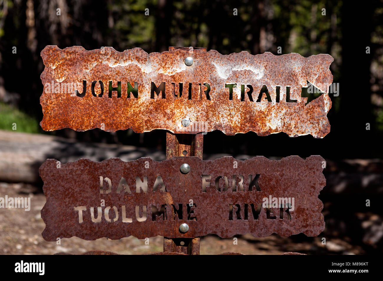 CA 02905-00 ... Kalifornien - John Muir Trail (Jmt) Zeichen in Tuolumne Meadows, Yosemite National Park. Stockfoto