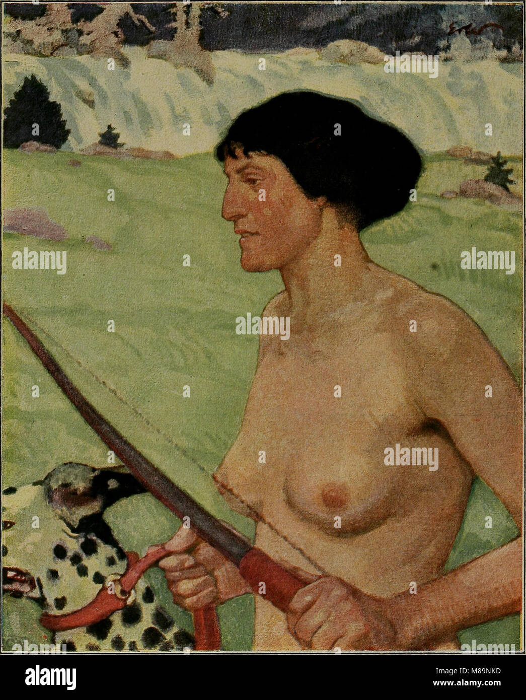 Das 1907 von Fritz Erler entworfene Kunstwerk stellt eine Jägerin JÃ¤gerin dar. Das Gemälde fängt die Stärke, Eleganz und Entschlossenheit einer Frau ein, die eine traditionell männlich dominierte Rolle innehatte. Es verbindet Elemente von Realismus und Romantik und zeigt Erlers Expertise in der Darstellung von Frauen in kraftvollen, dynamischen Positionen. Stockfoto