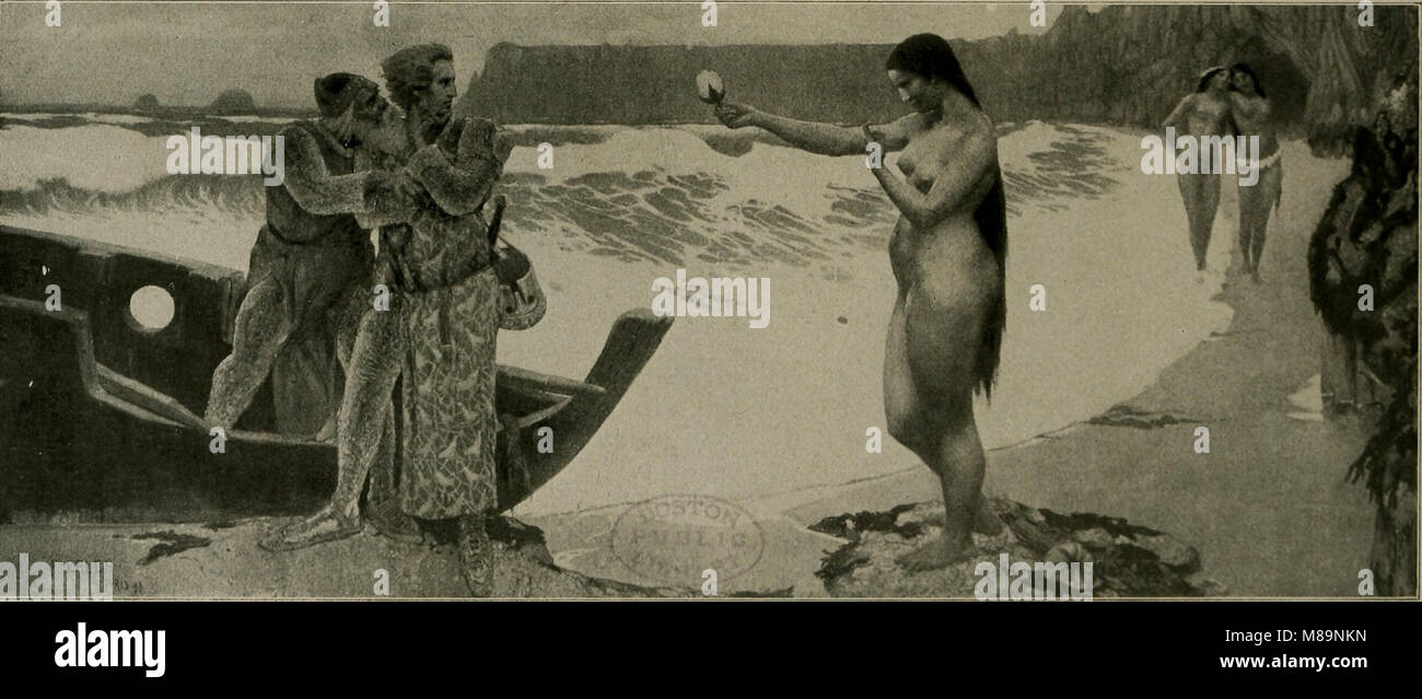 Fritz Erlers Gemälde „Lotos“ aus dem Jahr 1893 zeigt eine atmosphärische Szene mit symbolischen Elementen und zeigt seine unverwechselbare Farb- und Kompositionsweise in der Kunst des späten 19. Jahrhunderts. Stockfoto