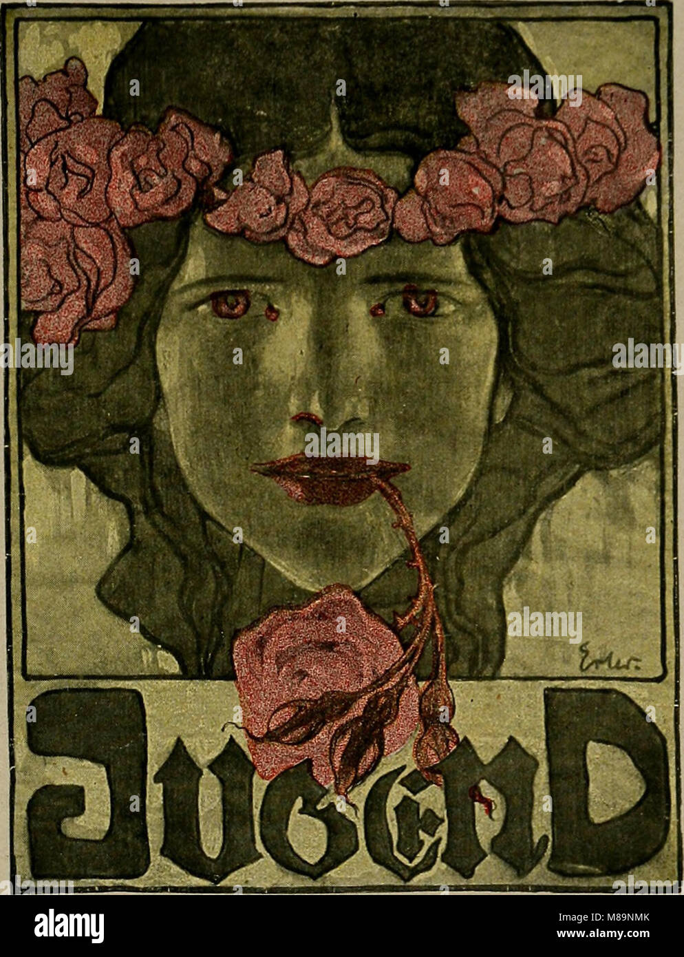 Fritz Erlers Titelseite „die Jugend“ fängt den Geist der deutschen Jugendkultur des frühen 20. Jahrhunderts ein und hebt die künstlerischen und kulturellen Strömungen der Zeit durch sein kühnes und ausdrucksstarkes Design hervor. Stockfoto