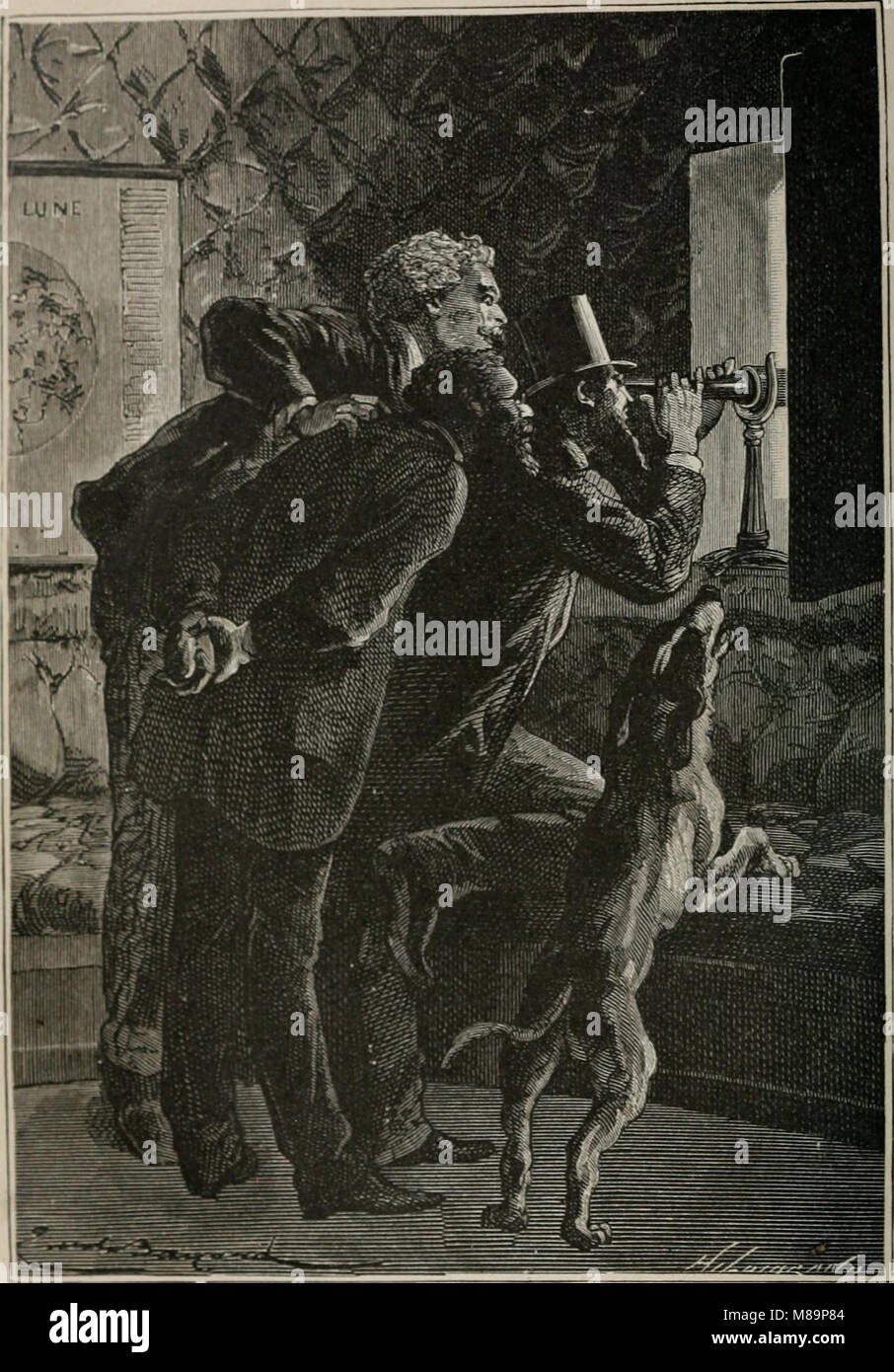 Jules Verneâ’ Roman aus dem Jahr 1874, *von der Erde zum Mond*, begleitet eine Gruppe von Abenteurern auf einer Reise zum Mond. Das Buch beschreibt die Reise und beschreibt die Markteinführung, die Reise und die umliegenden Herausforderungen. Es präsentiert eine Vision der Raumfahrt, die technologischen Fortschritte und menschlichen Einfallsreichtum bei der Verwirklichung einer Mondmission erforscht, alles innerhalb eines Zeitrahmens von 97 Stunden und 20 Minuten. Stockfoto