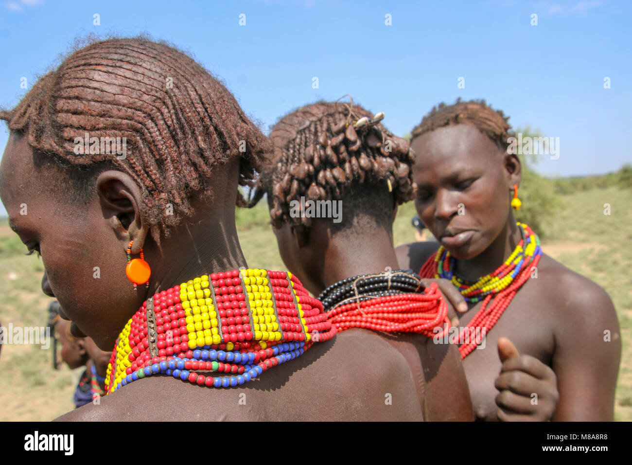 Afrika, Äthiopien, Omo River Valley Hamer Stamm Frau. Das Haar wird mit Ocker Schlamm und tierischen Fetten beschichtet. Stockfoto