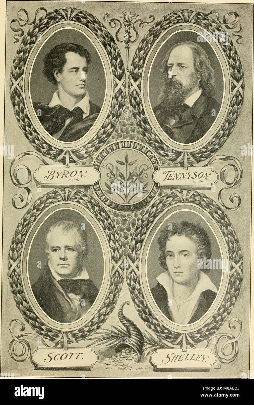 Dieses Werk stellt einen Vergleich der Leben und Werke von vier prominenten britischen Dichtern vor: George Gordon Byron, Alfred Tennyson, Walter Scott und Percy Bysshe Shelley. Sie beleuchtet ihre literarischen Beiträge und ihren Einfluss auf die englische Literatur im 19. Jahrhundert. Stockfoto