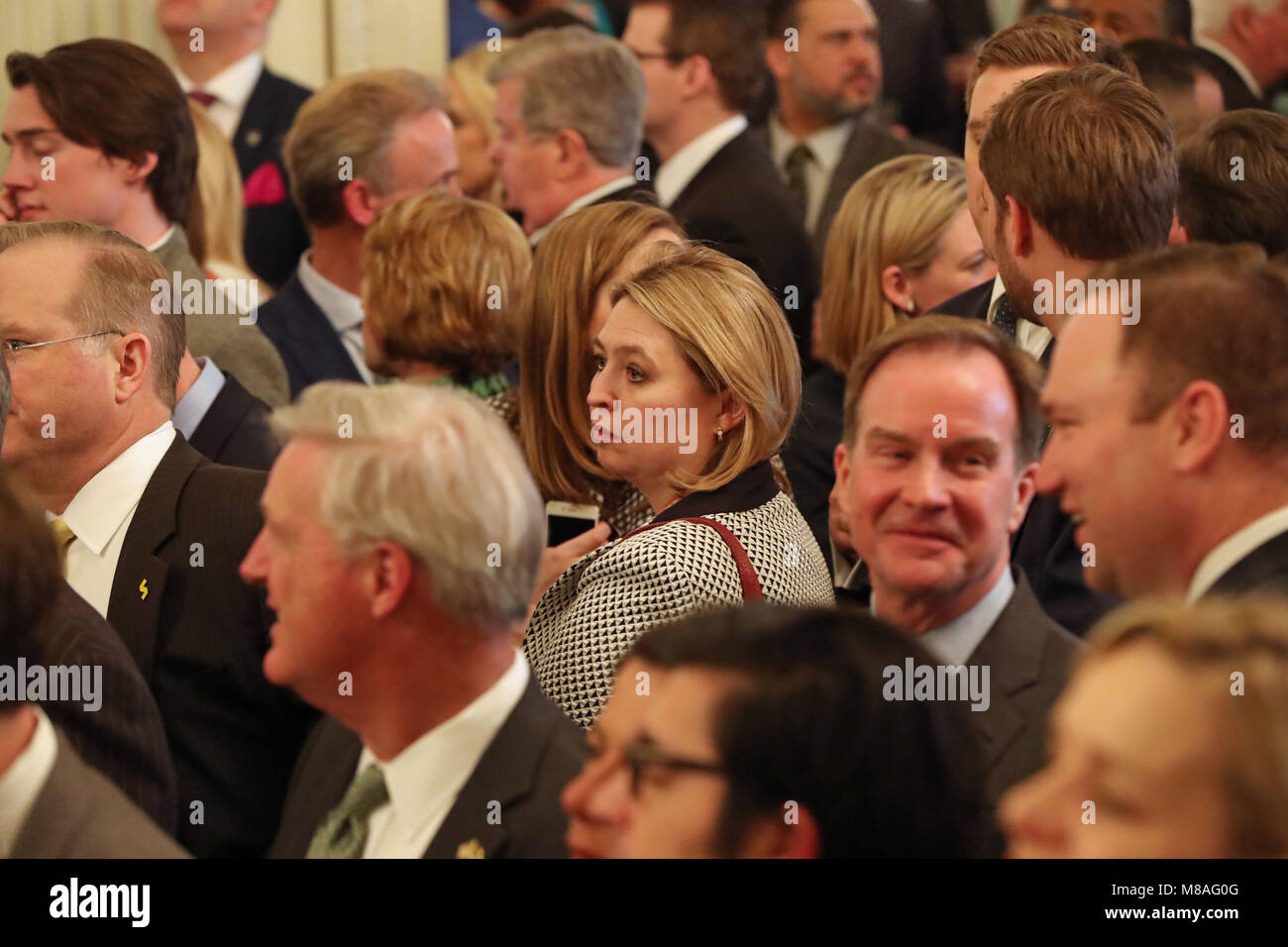 Nordirland Sekretärin Karen Bradley (Mitte) nimmt an der jährlichen shamrock Siegerehrung im Weißen Haus in Washington DC, USA. Stockfoto