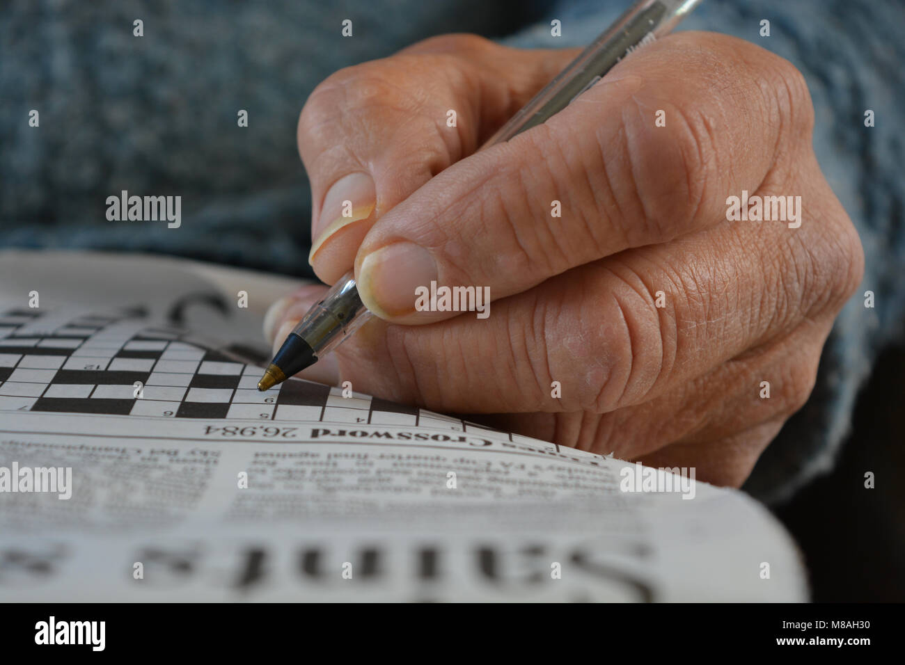 In der Nähe von älteren Menschen, ein Kreuzworträtsel, selektiver Fokus auf pen Stahlfeder. Stockfoto