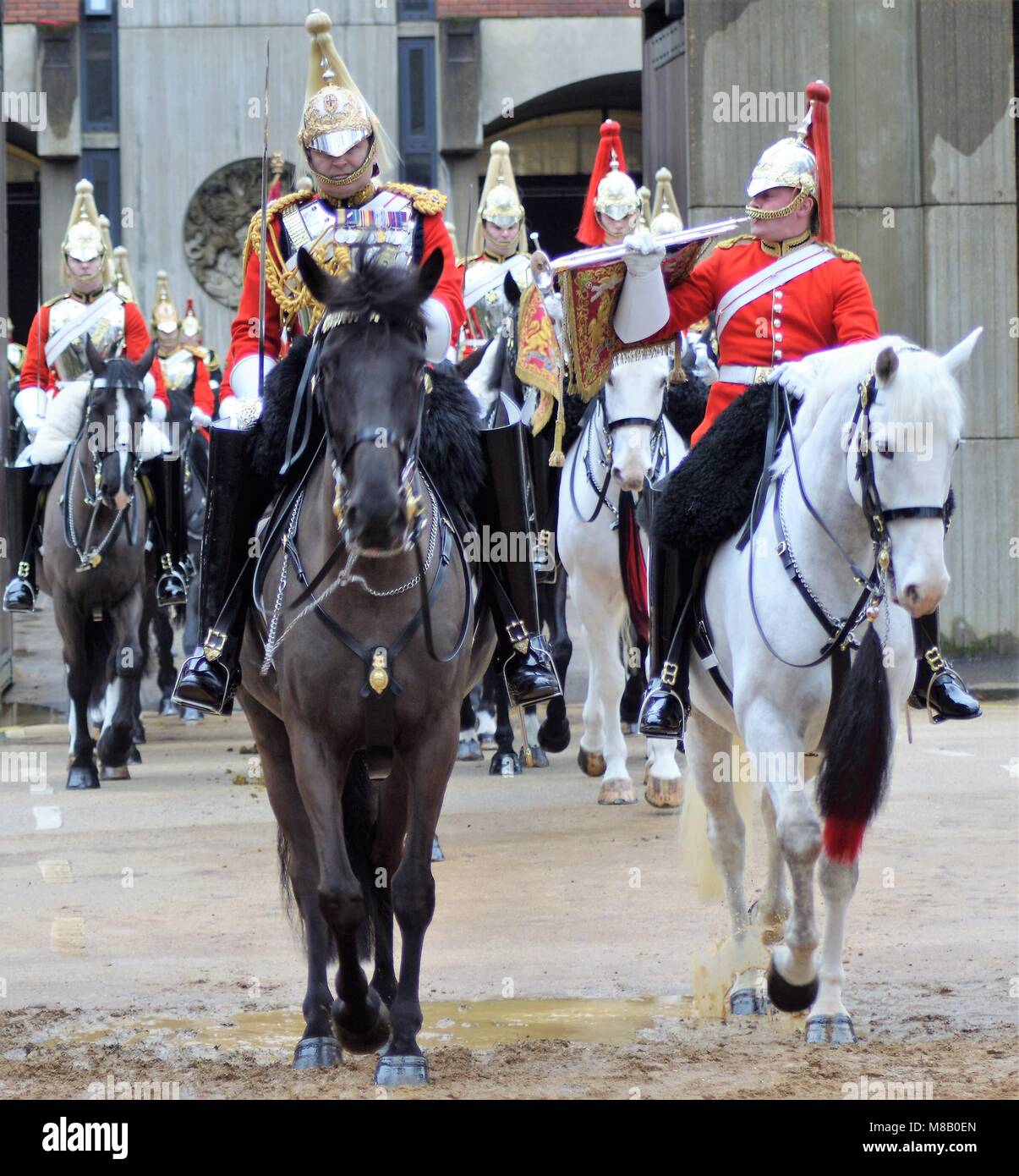 Große Benjamin Bathurst CBE Kommandierender Offizier der Haushalt Abteilung überprüft den ganzen Haushalt Abteilung vor dem Sommer zeremoniellen Pflichten Stockfoto