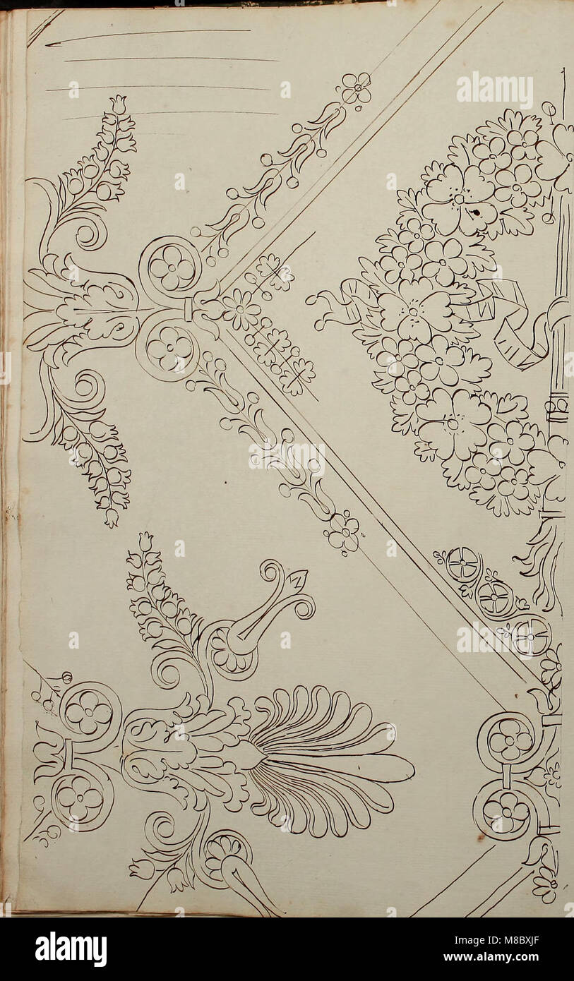 Die Kollektion von Directoire Designs aus dem Jahr 1793 zeigt Textilmuster und Stoffdesign-Ideen aus der Zeit nach der Revolution in Frankreich. Diese Entwürfe spiegeln den neoklassizistischen Stil und die künstlerischen Einflüsse der Zeit wider, mit komplizierten Motiven, die bei der Gestaltung von Kleidung und Wohnmöbeln verwendet wurden. Stockfoto