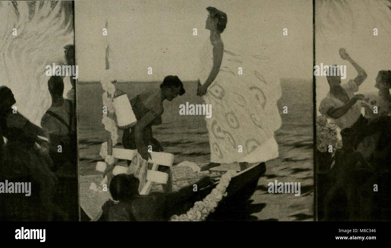 Sonnwendfeier (1903) von Fritz Erler ist ein bemerkenswertes Kunstwerk, das eine Sommersonnenwende darstellt. Das Gemälde fängt die kulturelle und saisonale Bedeutung der Sonnenwende ein und zeigt ein lebhaftes Treffen im Freien und die Verbindung zwischen Natur und Tradition. Stockfoto