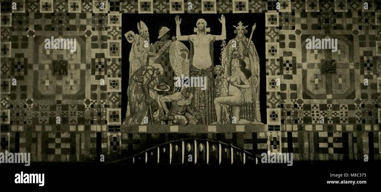 Fritz Erlers „Gobelin“ ist ein renommiertes Wandteppich, das für die Münchner Ausstellung 1908 geschaffen wurde. Es zeigt ein bronzenes Relief, das für den Goldschmiedesaal entworfen wurde und künstlerisches Handwerk mit historischen Themen verbindet. Stockfoto