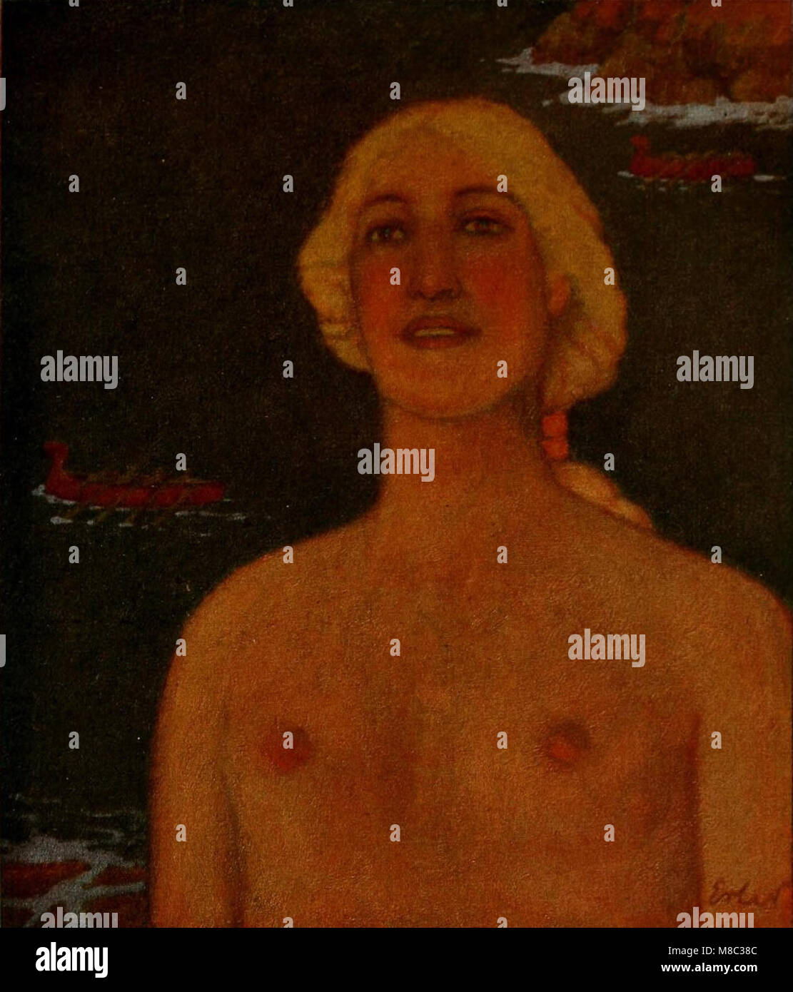 Fritz Erlers „Nordland“ aus dem Jahr 1919 ist eine Darstellung der nördlichen Landschaften und ihrer Menschen, die die Schönheit und Robustheit der nördlichen Regionen widerspiegelt, dargestellt mit einem Fokus auf Naturlandschaften und kulturelle Aspekte. Stockfoto