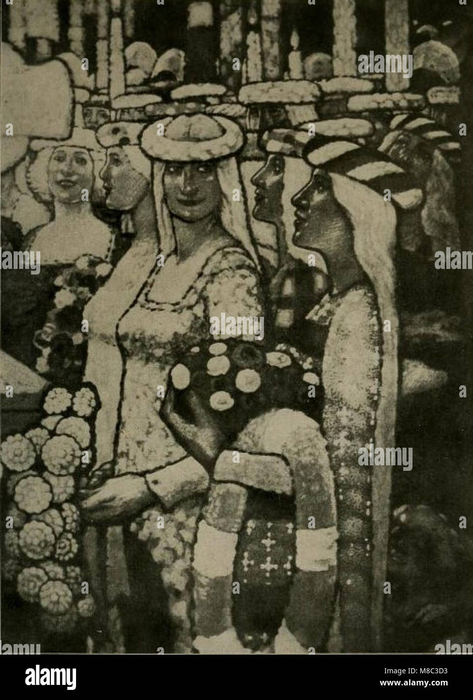 Dieses Werk von Fritz Erler aus dem Jahr 1913 zeigt Wandmalereien für den Festsaal des Neuen Rathauses in Hannover. Die Wandmalereien sind für ihre historische und künstlerische Bedeutung bekannt und zeigen Erlerâ einzigartigen Stil in der öffentlichen Kunst für kommunale Räume. Stockfoto