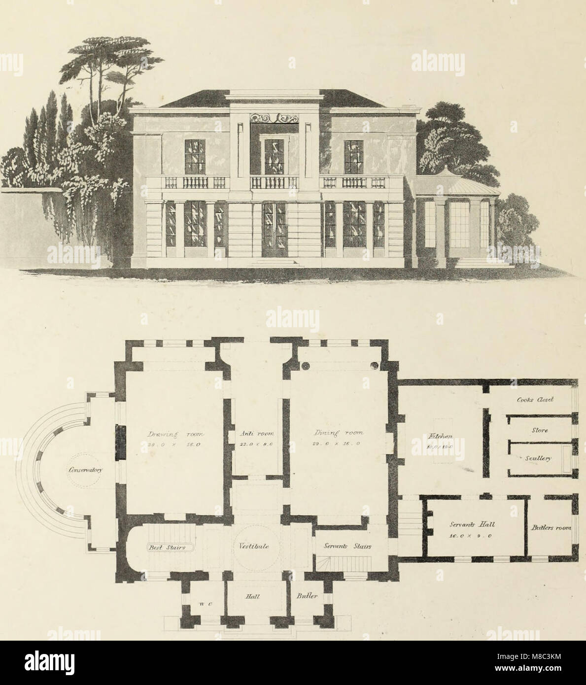 Diese architektonische Arbeit liefert Gestaltungsideen für verschiedene Arten von Wohngebäuden, einschließlich Herrenhäusern, Villen und kleineren Unterkünften wie Gartenhütten und Torhäusern. Es bietet detaillierte Pläne und Zeichnungen für Grundstücksstrukturen. Stockfoto