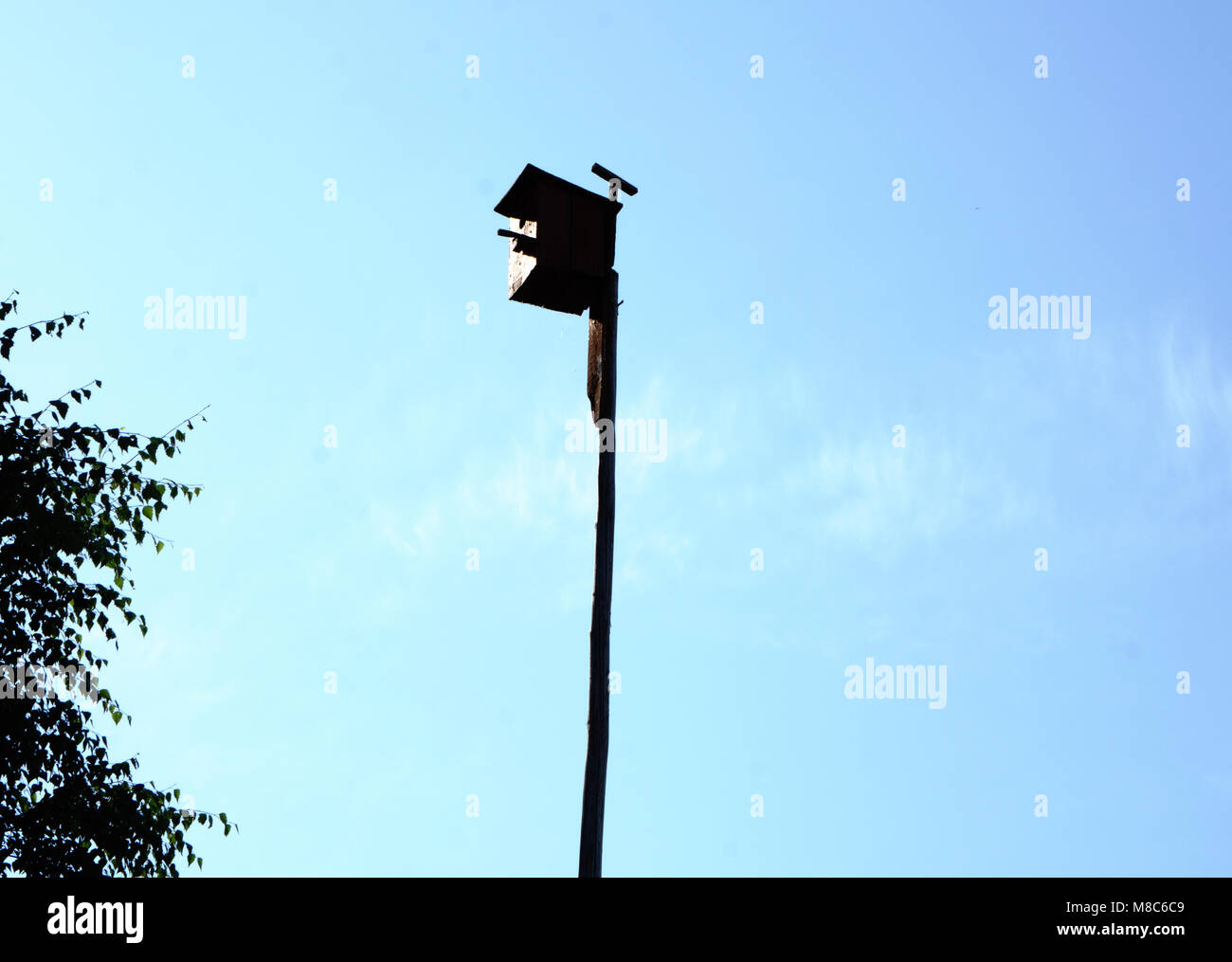 Holz- Bird House auf blauen Himmel und See Hintergrund. Gelbes Vogelhaus und Nistkasten auf einem Bein. Stockfoto