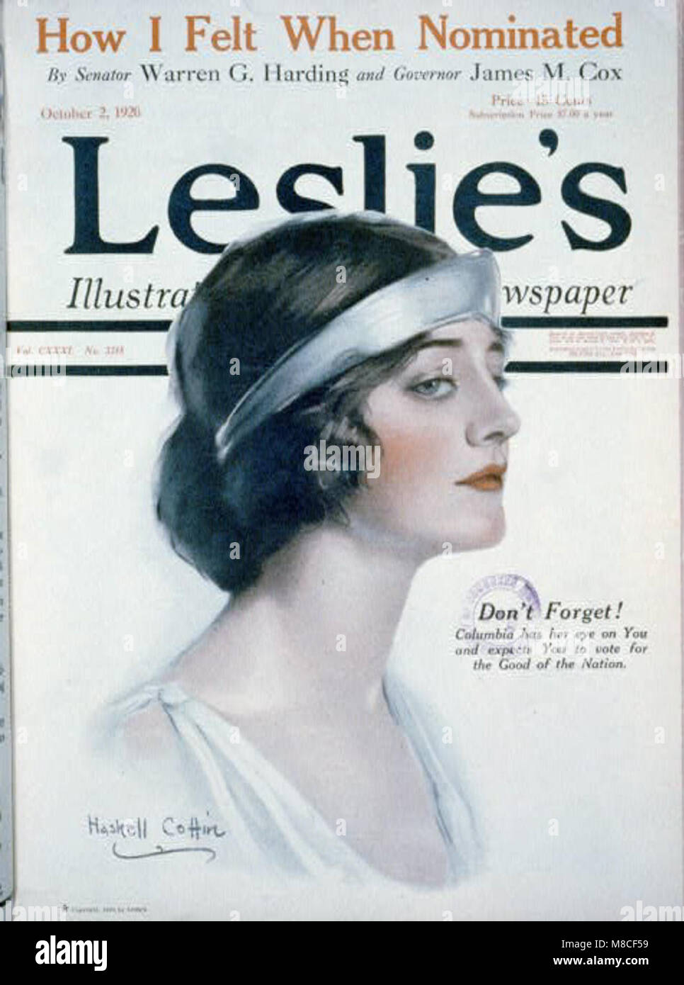 Eine politische Illustration, die die Teilnahme der Wähler fördert, mit einem Bild von Kolumbien, das die Vereinigten Staaten symbolisiert und die Bürger dazu drängt, für den Nutzen der Nation zu stimmen. Stockfoto