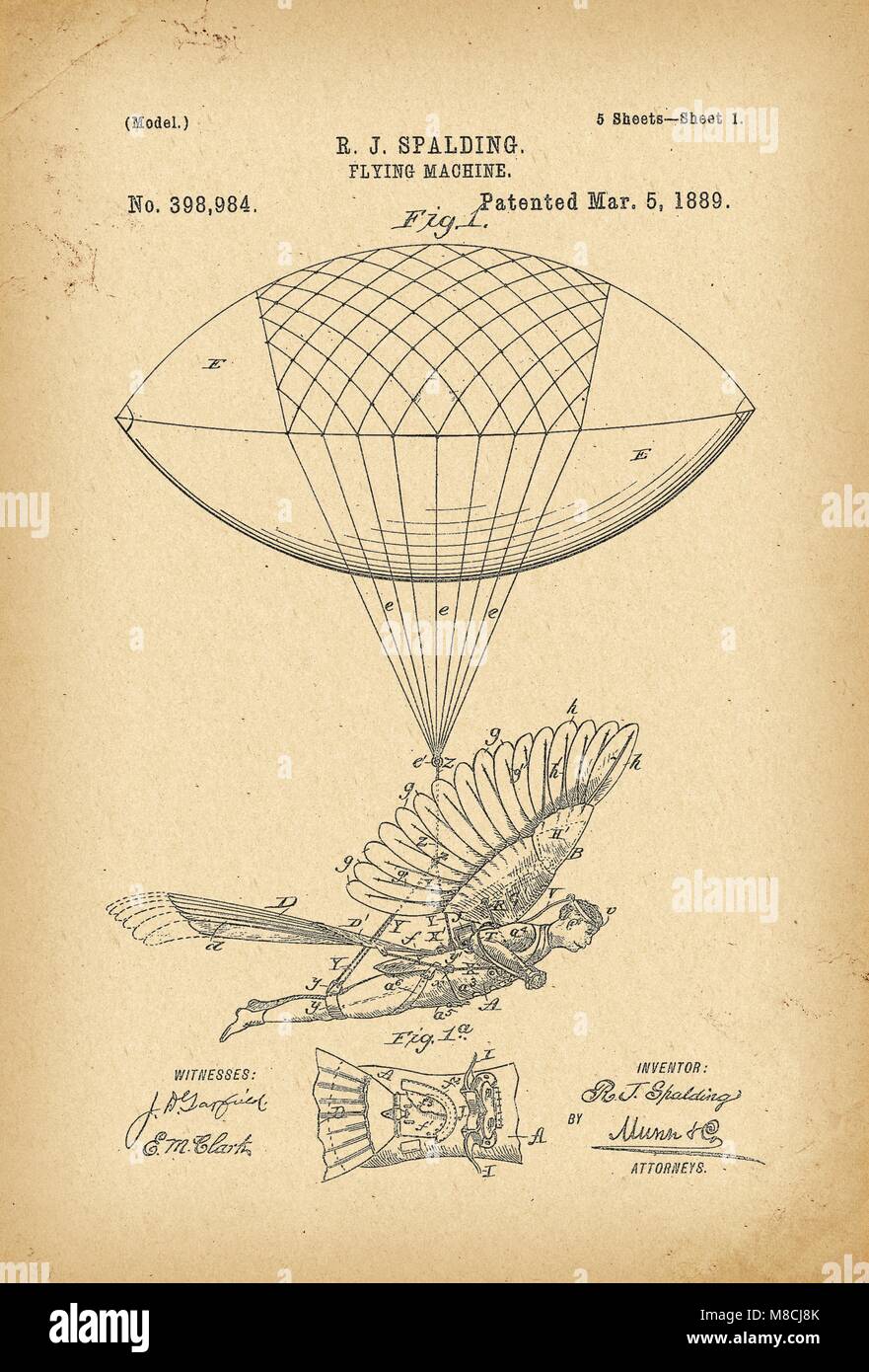 1889 Patent fliegenden Maschine Luft Schiff Geschichte Erfindung Stockfoto