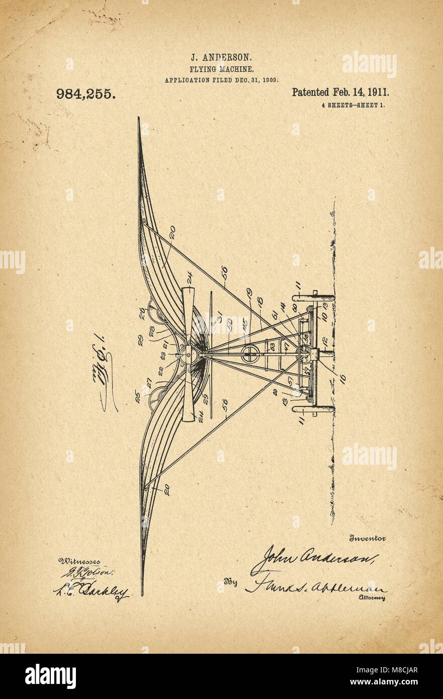 1911 Patent fliegenden Maschine Geschichte Erfindung Stockfoto