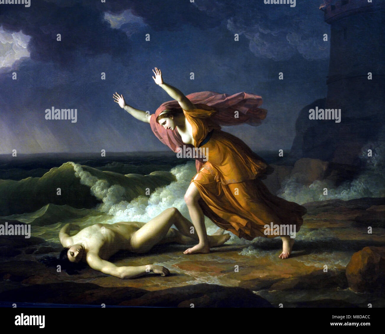 Hero und Leander von Jean joseph Taillasson, 1745-1809, Frankreich, Französisch, (Hero und Leander ist der griechische Mythos über die Geschichte von Helden, eine Priesterin der Aphrodite, die in einem Turm in Sestos wohnte auf der europäischen Seite der Hellespont und Leander, ein junger Mann aus Abydos auf der gegenüberliegenden Seite der Straße). Stockfoto