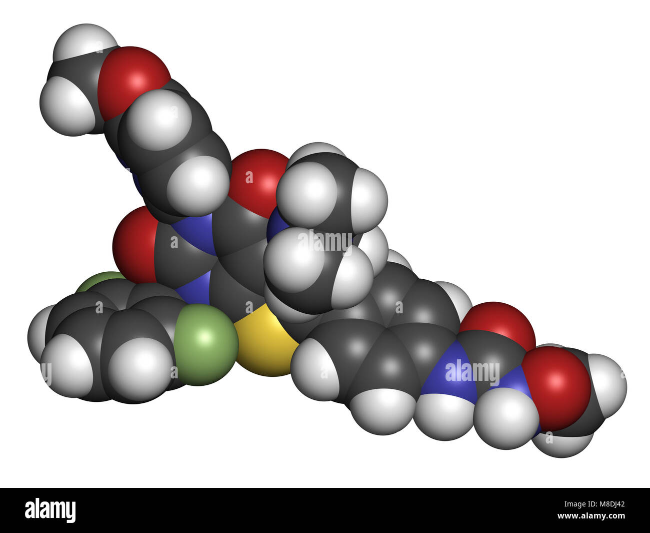 Relugolix Droge Molekül (gonadotropin-releasing Hormon-Antagonist). 3D-Rendering. Atome sind vertreten als Kugeln mit herkömmlichen Farbe c Stockfoto