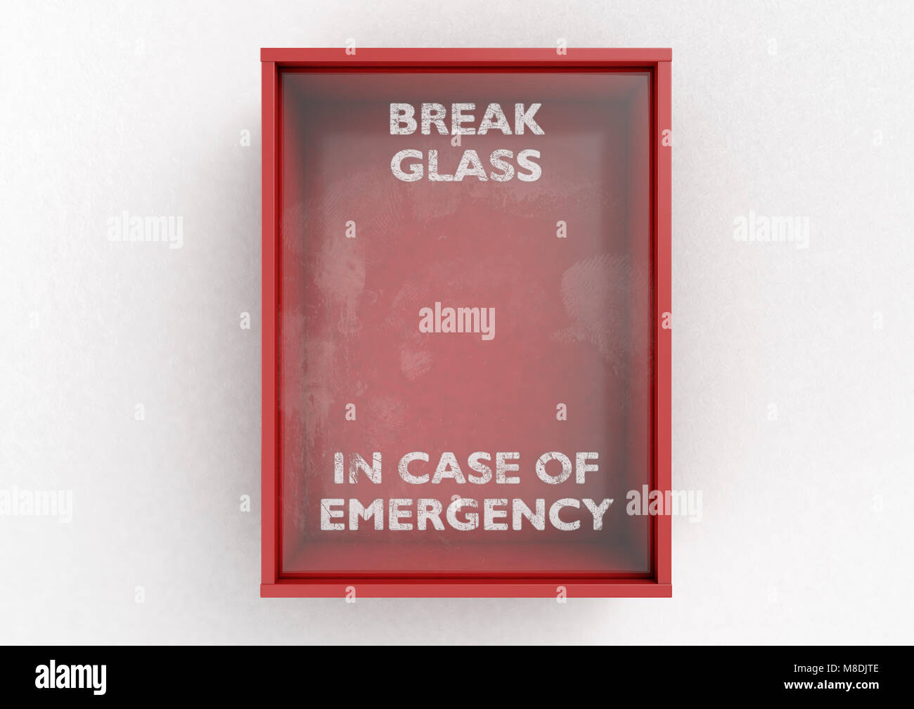 Einen leeren roten Not-Aus-Kasten mit einem im Notfall einer einschlagbaren Glasscheibe an der Vorderseite auf einem isolierten Hintergrund - 3D-Rendering Stockfoto